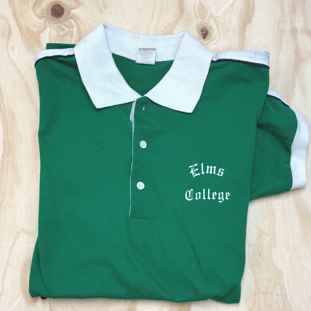 Vintage Velva Sheen Elms College Polo Shirt Green White Mens XL Made in USA